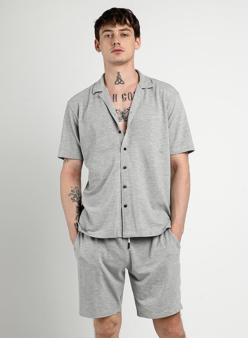 Campus Sutra Men's Light Grey Heathered Knitted Co-Ord Set For Casual Wear | Cuban Collar | Short Sleeve | Button Closure | Co-Ords Crafted With Comfort Fit For Everyday Wear - Image 2